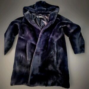 Women's Size XS DKNY Black Faux Fur Hooded Coat Luxuries MIDI Jacket $350 NWOT